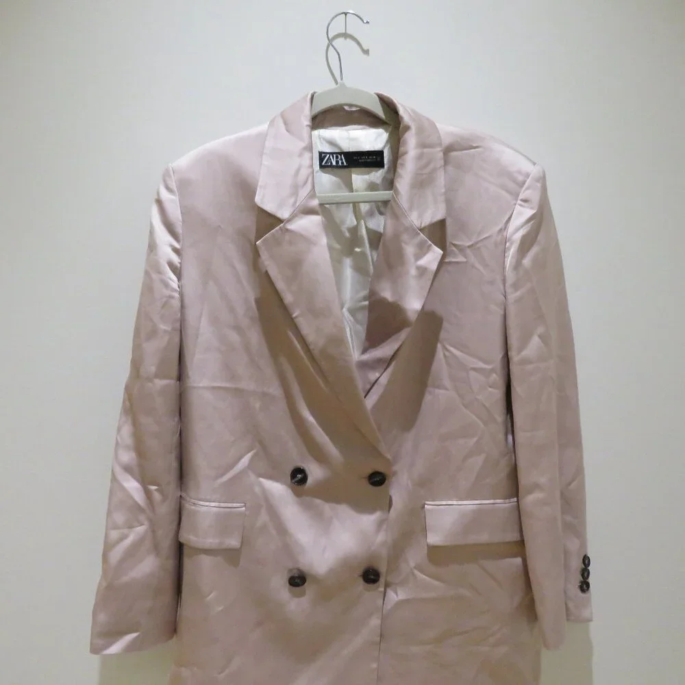 ZARA Long Buttoned Collared Satin Blazer in Blush Pink Pastel Preppy - Size S - Picture 3 of 13